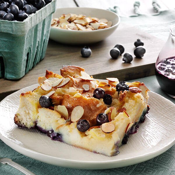 Blueberry Almond Bread Pudding: Brioche, Croissants, & Salted Caramel